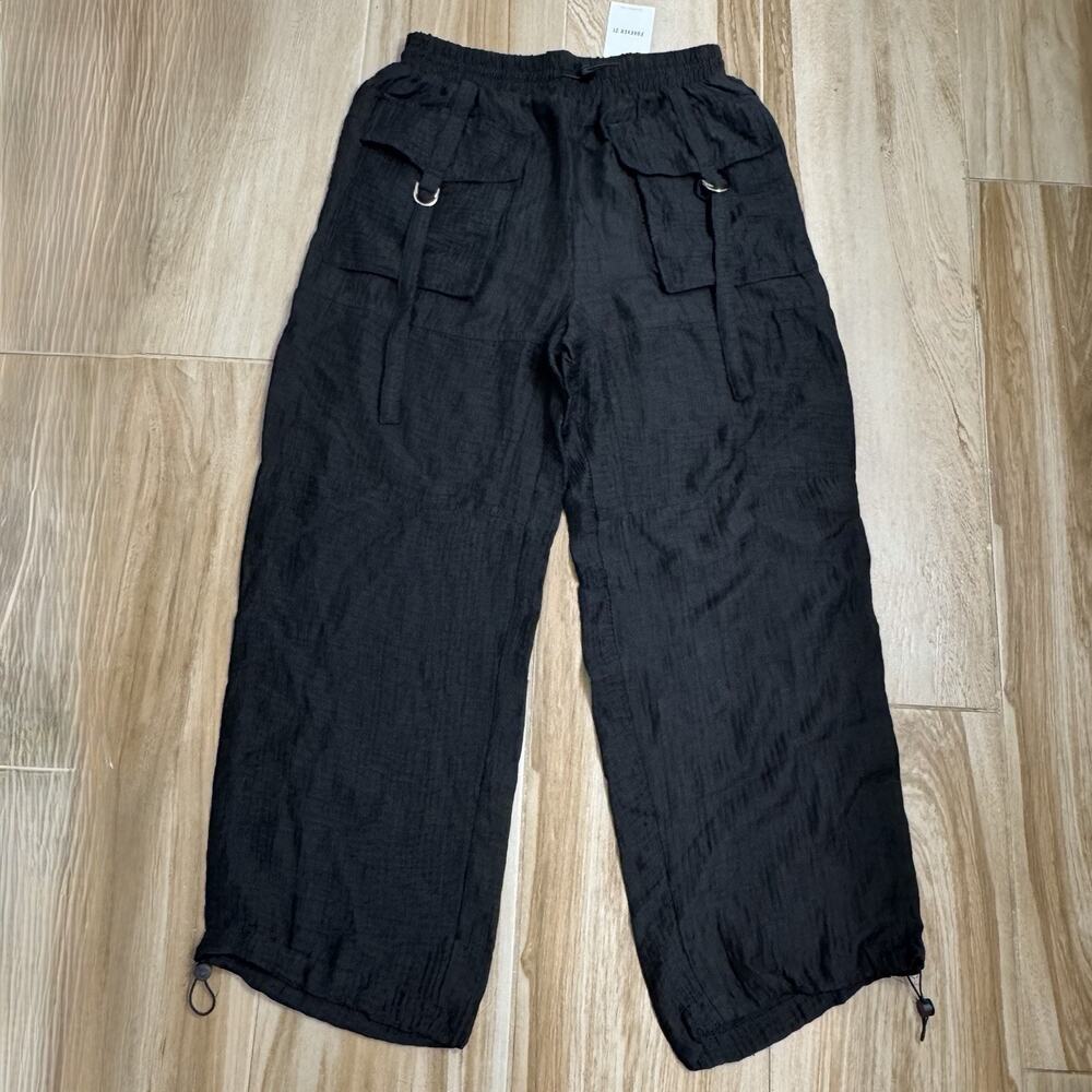 Forever 21 Woman’s Cargo Pants Lightweight Drawstring Wide Leg Black Sz Large